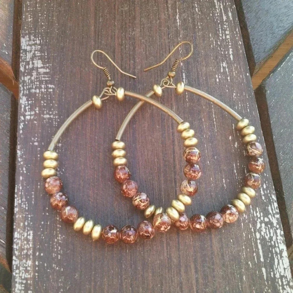 Handcrafted Big Beaded Hoop Earrings Mocha Brown